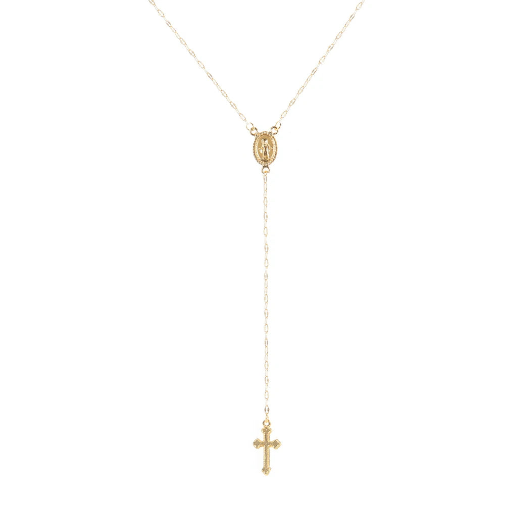 Vintage Christian Cross Rosary Pendant Necklace for Women