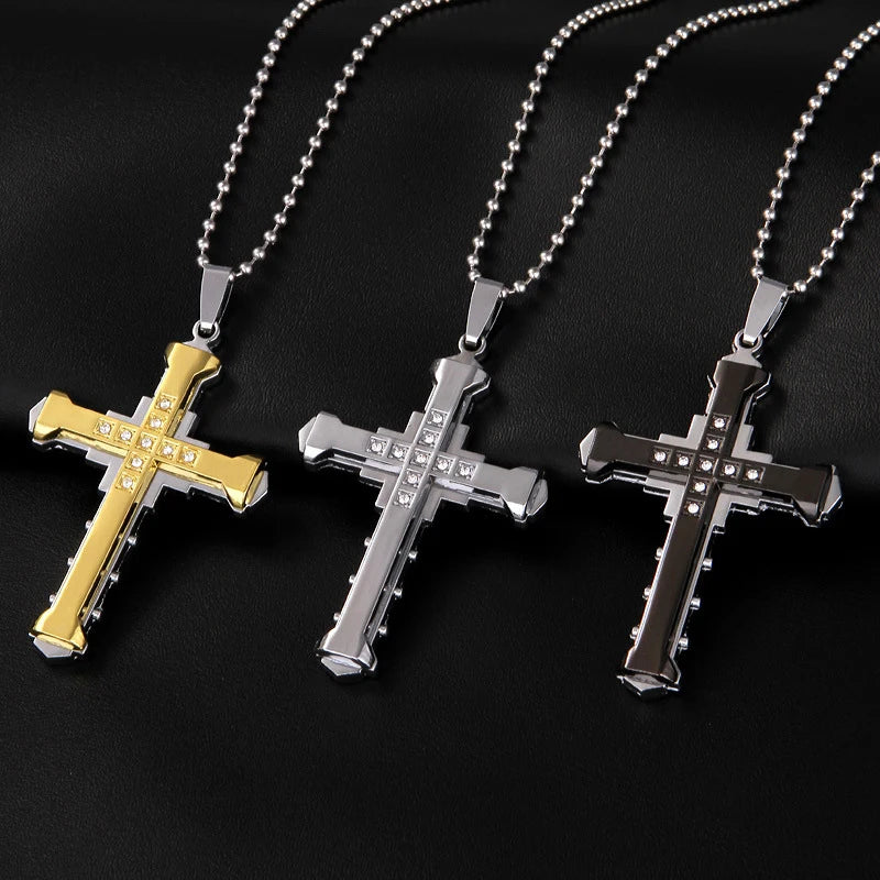 2024 Male Crystal Cross Jesus Pendant - Gold/Black/Blue