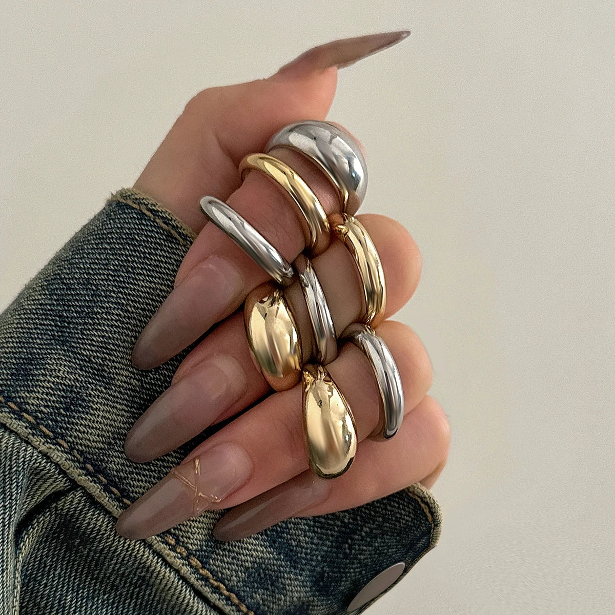 8 Pcs Chunky Open Rings Set - Gold & Silver for Women