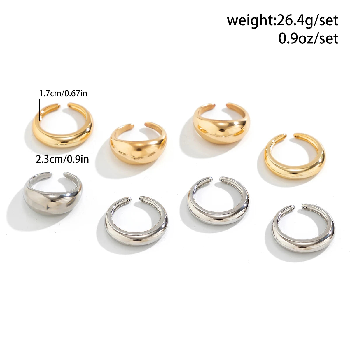 8 Pcs Chunky Open Rings Set - Gold & Silver for Women